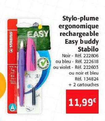 Colruyt Stylo-plume ergonomique rechargeable easy buddy stabilo offre