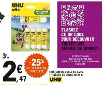 E.Leclerc UHU 4 bâtons de colle de 8,2 G + 1 bâton de colle de 21 G offre