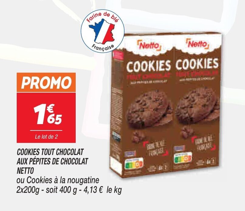 Promo NETTO cookies tout chocolat aux pépites de chocolat chez Netto