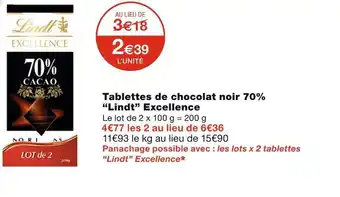 Monoprix Lindt tablettes de chocolat noir 70% excellence offre
