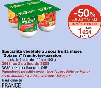 Monoprix Sojasun spécialité végétale au soja fruits mixés framboise-passion offre