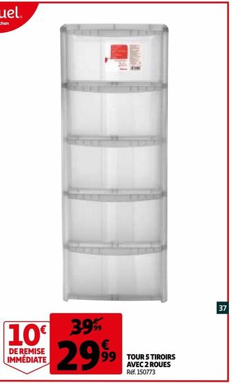 Auchan Tour 5 tiroirs avec 2 roues offre