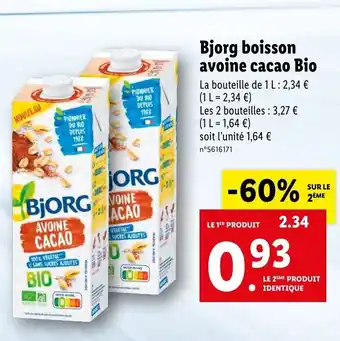 Lidl Bjorg Boisson Avoine Cacao Bio offre