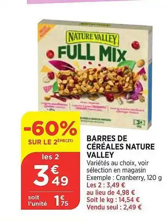 Bi1 Barres de céréales nature valley -60% sur le 2ème offre