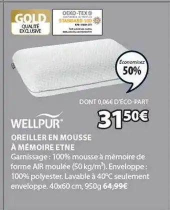 JYSK Wellpur oreiller en mousse à mémoire etne offre