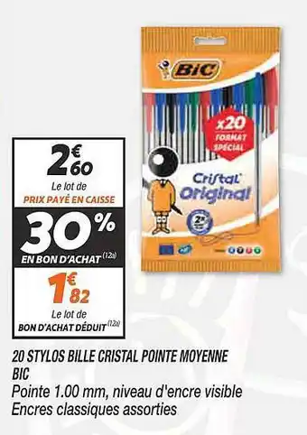 20 stylos bille cristal pointe moyenne bic