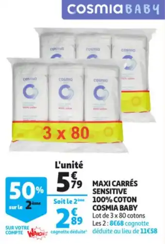 Auchan COSMIA BABY maxi carrés sensitive 100% coton offre