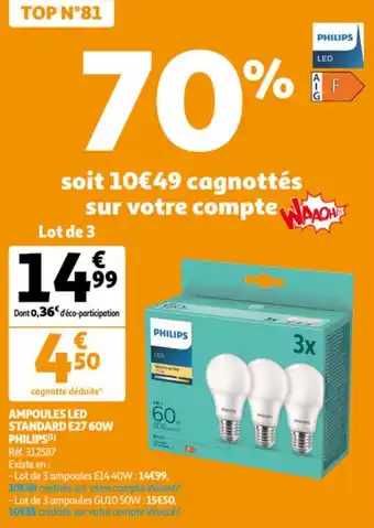 Auchan PHILIPS ampoules led standard E27 60W offre