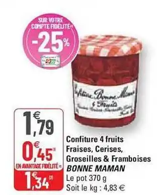 G20 Confiture 4 fruits fraise, cerises, groseilles & framboises bonne maman offre