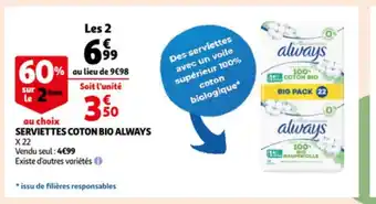 Auchan Always Serviettes Coton Bio offre