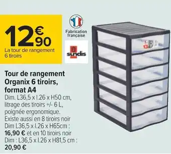 Carrefour Sundis tour de rangement organix 6 tiroirs, format a4 offre