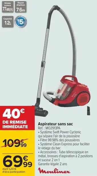 Carrefour Moulinex aspirateur sans sac offre