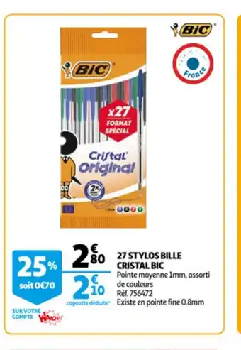 Auchan Bic 27 Stylos Bille Cristal offre