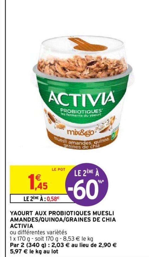 Promo Activia Yaourt Aux Probiotiques Muesli Amandes/Quinoa/Graines de Chia chez Intermarché