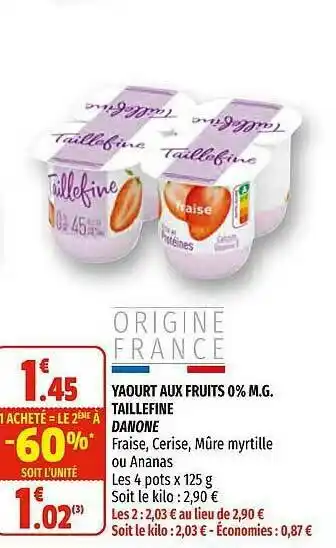 Yaourt Aux Fruits 0% M.g. Taillefine Danone