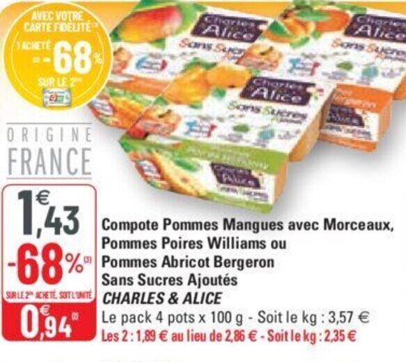 Promo CHARLES & ALICE compote pommes mangues avec morceaux, pommes