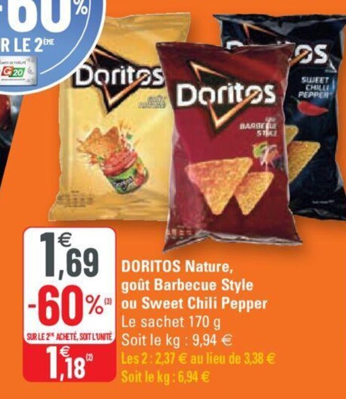 Promo DORITOS nature, goût barbecue style ou sweet chili pepper chez G20