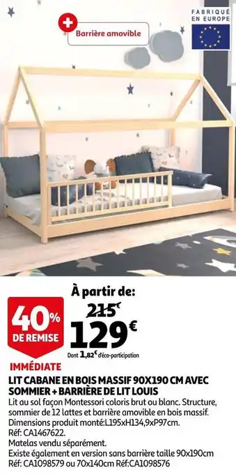 Auchan Lit cabane en bois massif 90x190 cm avec sommier + barrière de lit louis offre