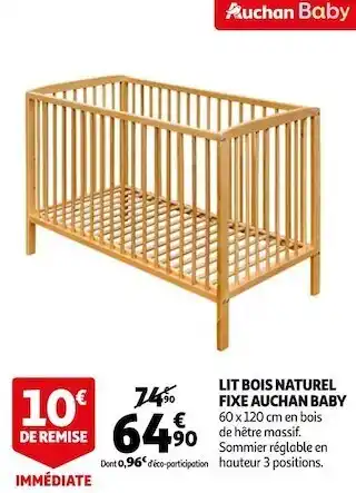 Auchan Auchan baby lit bois naturel fixe offre