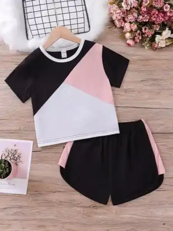 SheIn Fille ensemble pyjama short & t-shirt à blocs de couleurs offre