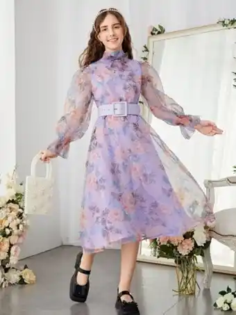 SheIn Shein fille adolescente robe à imprimé floral à nœud papillon à manches évasées ceinturé en tulle offre