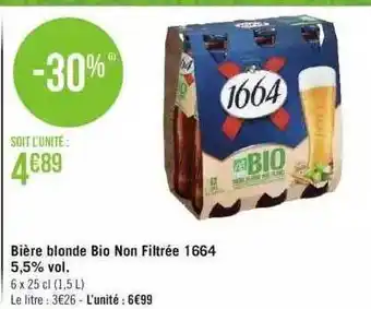 Géant Casino Bière blonde bio non filtrée 1664 5,5% vol. offre