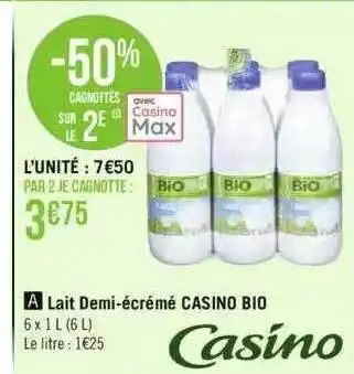 Lait demi-écrémé casino bio