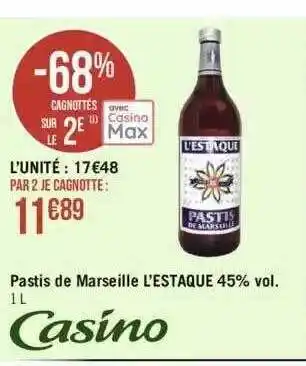 Géant Casino Pastis de marseille l'estaque 45% vol. offre