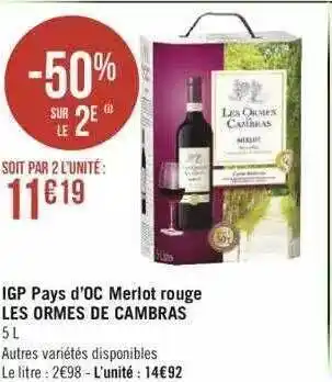 Igp pays d'oc merlot rouge les ormes de cambras