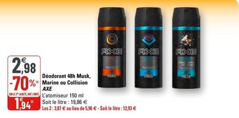 G20 Déodorant 48h musk, marine ou collision Axe offre