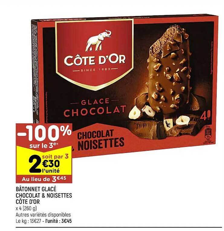 Promo glacé chocolat & noisettes côte d'or 100 sur le 3e