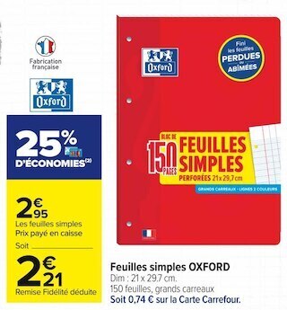 Carrefour Market Oxford feuilles simples offre