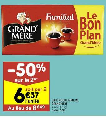Leader Price Café moulu familial grand'mère -50% sur le 2e offre