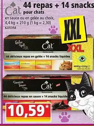 Norma 44 repas + 14 snacks pour chats cat offre