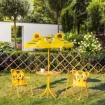 E.Leclerc Brico Ensemble salon de jardin enfant 4 pcs design tigre - table ronde + 2 chaises pliables + parasol - métal époxy oxford jaune offre