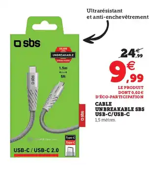 Super U Cable unbreakable sbs usb0c/usb-c offre