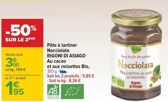 Carrefour Rigoni di asiago pâte à tartiner nocciolata au cacao et aux noisettes bio offre