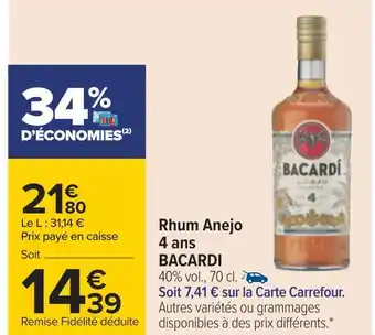 Carrefour Bacardi rhum anejo 4 ans offre