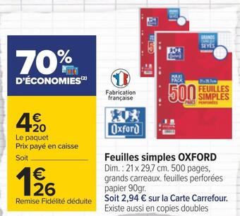 Carrefour Oxford feuilles simples offre