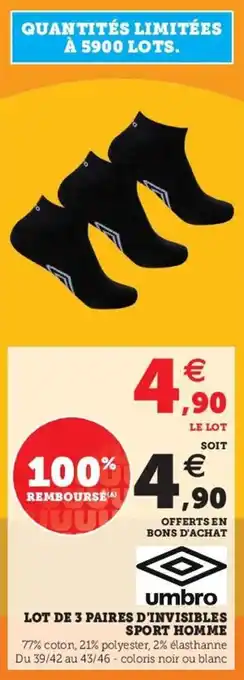 Hyper U Lot de 3 paires d'invisibles sport homme offre