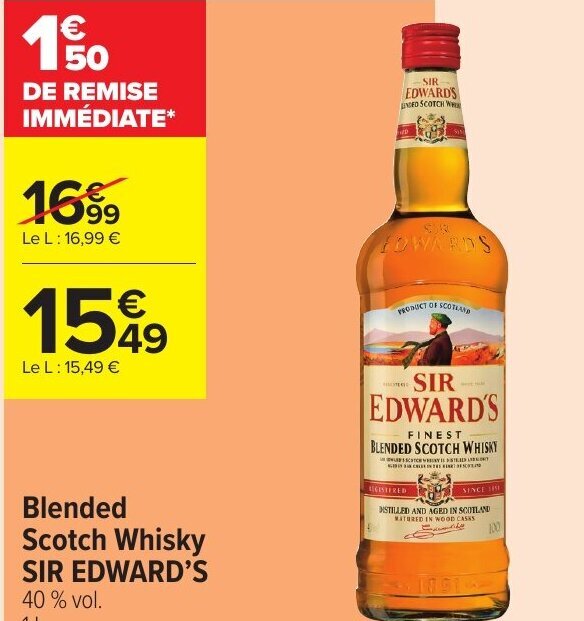 Promo Blended Scotch Whisky Sir Edward's chez Carrefour
