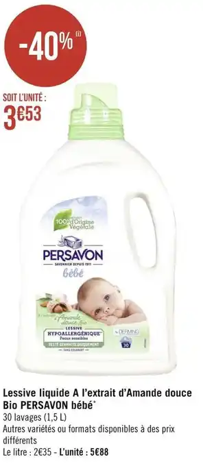 Géant Casino Persavon lessive liquide a l’extrait d’amande douce bio bébé* offre