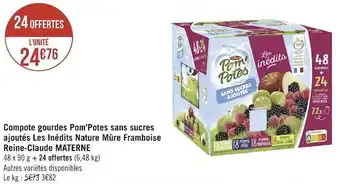 Géant Casino Materne compote gourdes pom’potes sans sucres ajoutés les inédits nature mûre framboise reine-claude offre