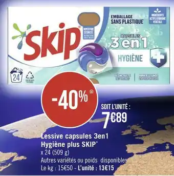 Géant Casino Skip lessive capsules 3en1 hygiène plus* offre