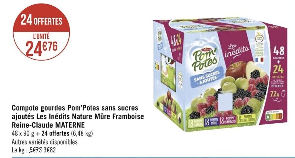 Promo MATERNE compote gourdes pom'potes sans sucres ajoutés les inédits nature mûre framboise