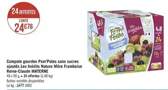 Géant Casino MATERNE compote gourdes pom'potes sans sucres ajoutés les inédits nature mûre framboise reine-claude offre
