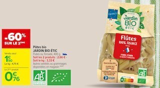 Carrefour Jardin bio étic pâtes bio offre