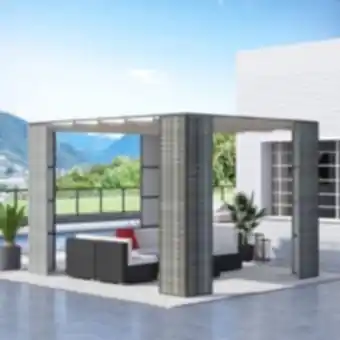 E.Leclerc Brico Pergola rétractable style colonial dim. 2,98l x 2,98l x 2h m métal époxy anticorrosion résine tressée grise toile polyester offre