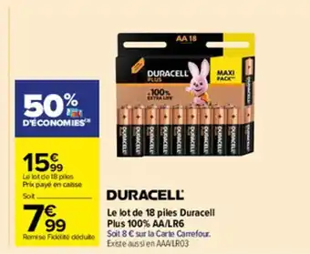 Carrefour Market Duracell le lot de 18 piles duracell plus 100% aa/lr6 offre