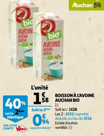 Auchan Boisson à l'avoine auchan bio offre